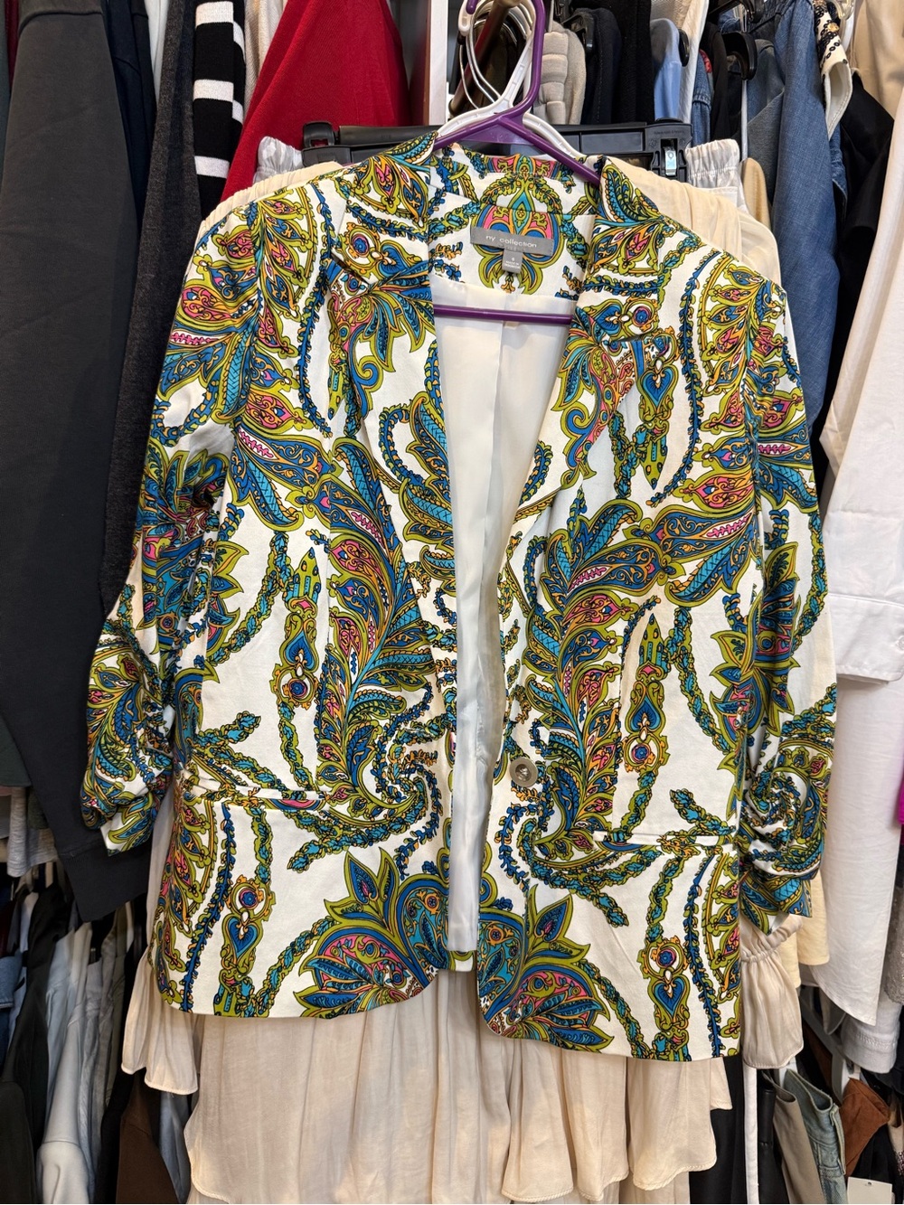 Paisley Print Blazer Jacket in White with Multicolor Accents 97%cotton